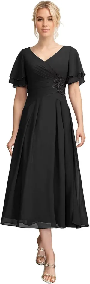 Tea Length Mother of The Bride Dresses V-Neck Chiffon Pleated Formal Evening Gowns A-Line Wedding Guest Dress