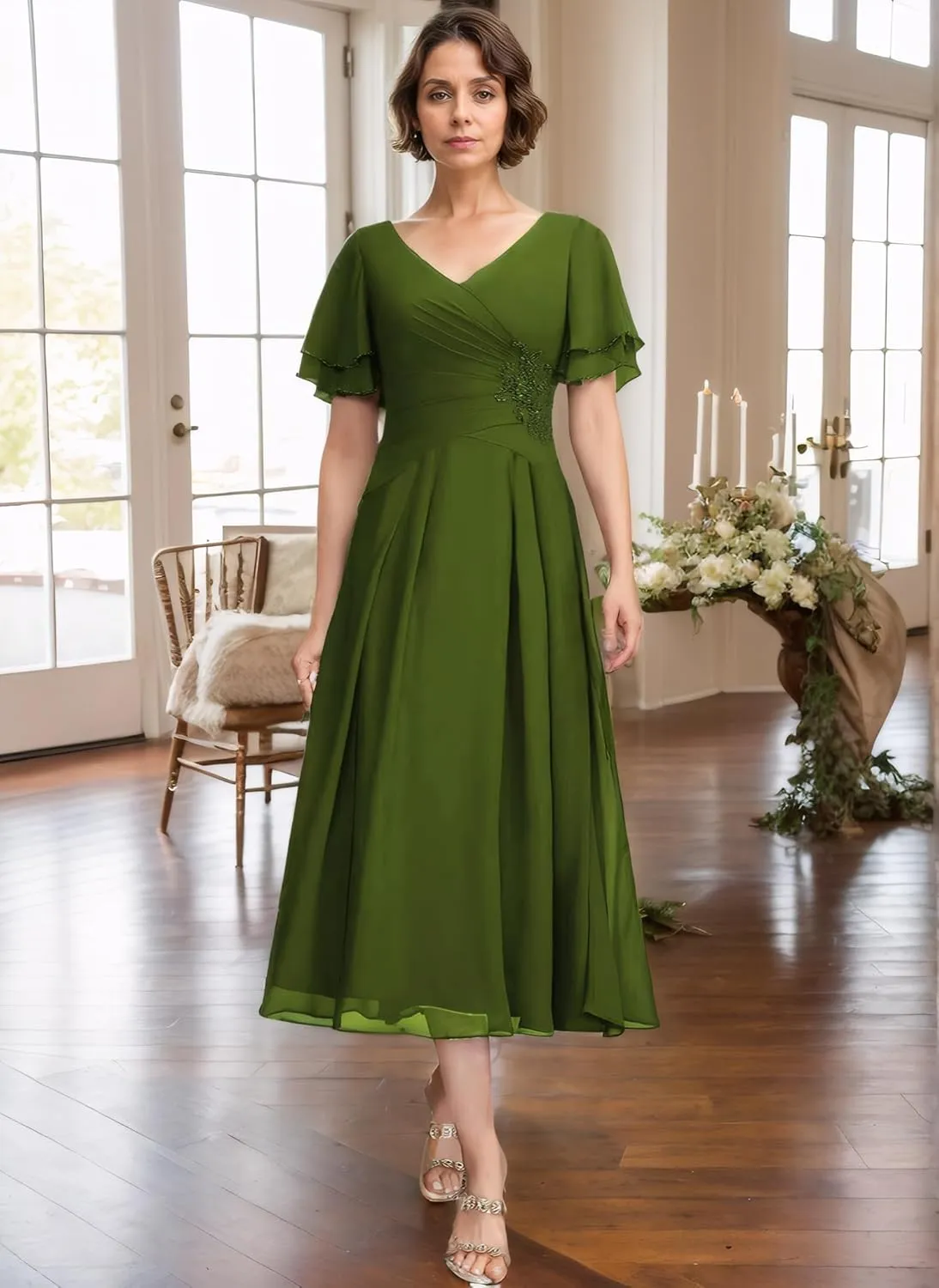 Tea Length Mother of The Bride Dresses V-Neck Chiffon Pleated Formal Evening Gowns A-Line Wedding Guest Dress