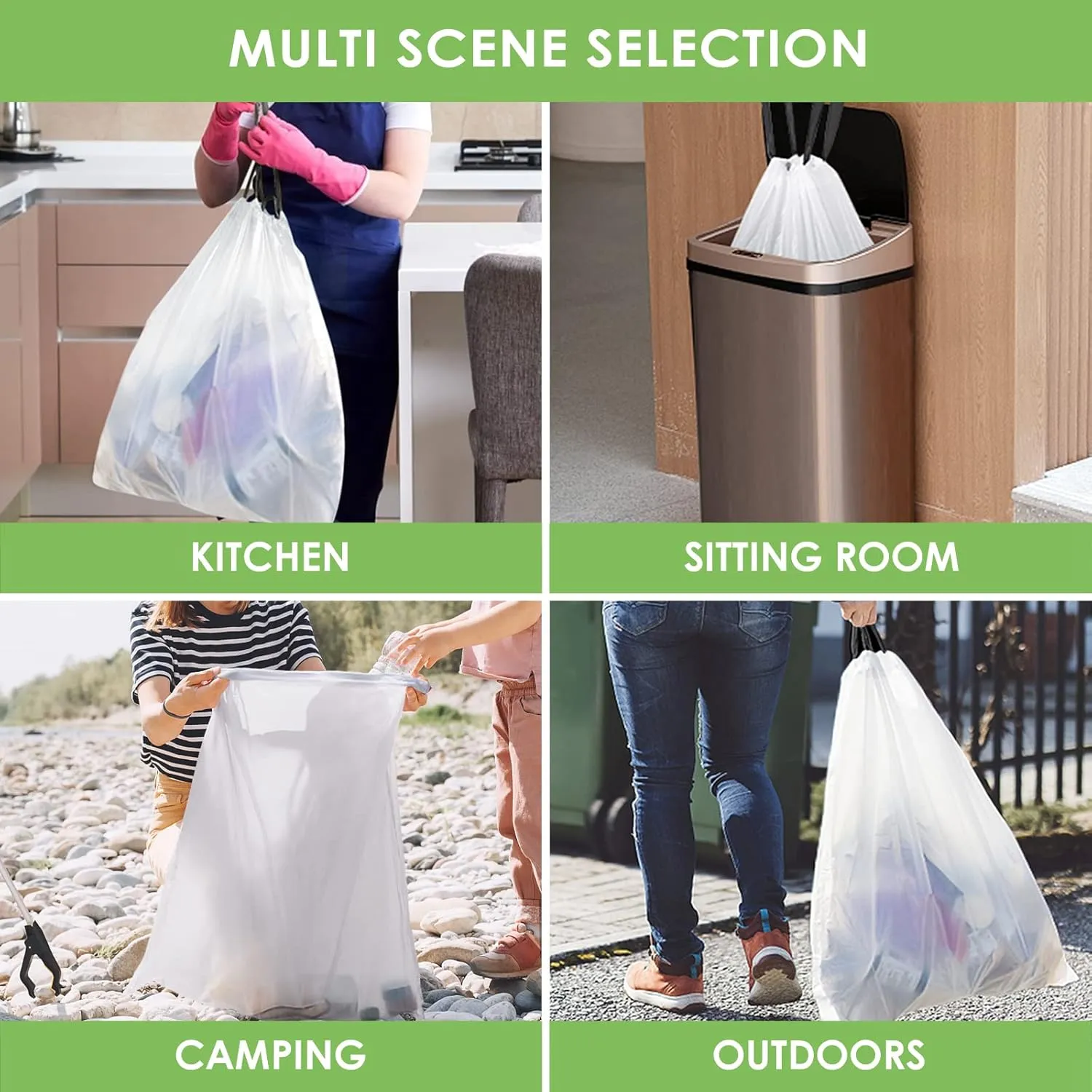 Teivio 15 Gallon 100 Counts Strong Tall Kitchen Drawstring Trash Bags, Medium Plastic Garbage Bags for Home Kitchen Garden Office Tall Trash Can, White Waste Bin Liners