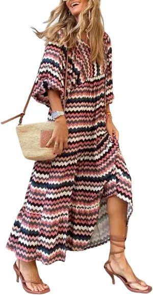 TIAFORD Womens 2024 Casual Boho Maxi Dresses V Neck Puff Sleeve Geometric Pattern Smocked Ruffle Flowy Beach Long Dress