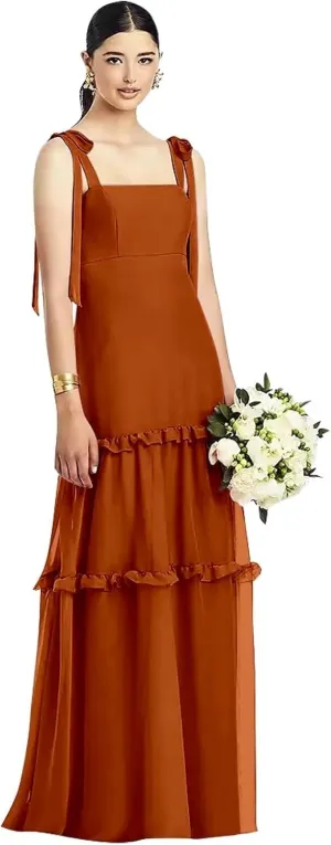 Tie Strap Bridesmaid Dresses for Women Wedding Long Ruffle Square Neck Formal Evening Dress