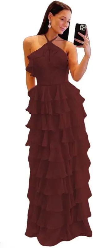 Tiered Keyhole Prom Dresses 2024 Long Chiffon Evening Dresses with Slit