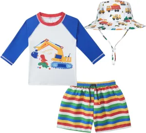 Toddlers and Baby Boys' 3-Piece Swimsuit Trunk and Rashguard Sun Hat Set