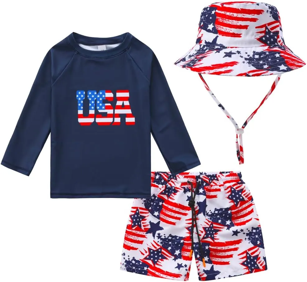 Toddlers and Baby Boys' 3-Piece Swimsuit Trunk and Rashguard Sun Hat Set