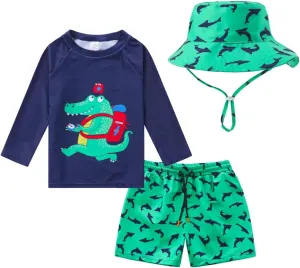 Toddlers and Baby Boys' 3-Piece Swimsuit Trunk and Rashguard Sun Hat Set
