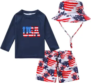 Toddlers and Baby Boys' 3-Piece Swimsuit Trunk and Rashguard Sun Hat Set