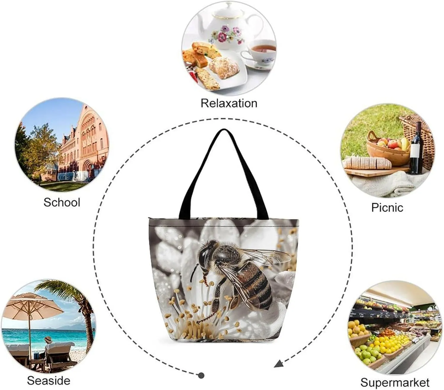 Tote Bag for Women Grocery Bag Bee Pattern Foldable Shopping Bags Reusable Large Tote Bag