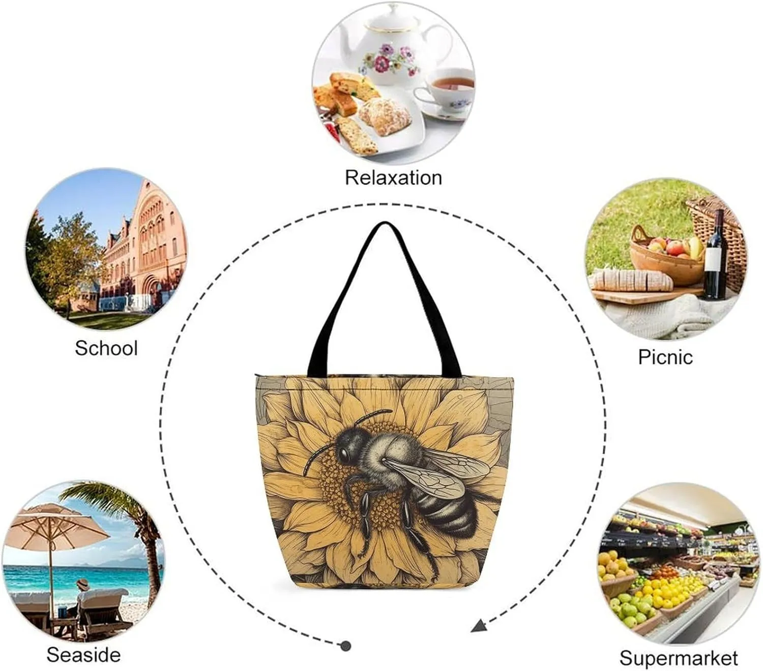 Tote Bag for Women Grocery Bag Bee Pattern Foldable Shopping Bags Reusable Large Tote Bag