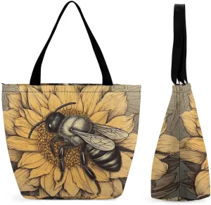 Tote Bag for Women Grocery Bag Bee Pattern Foldable Shopping Bags Reusable Large Tote Bag