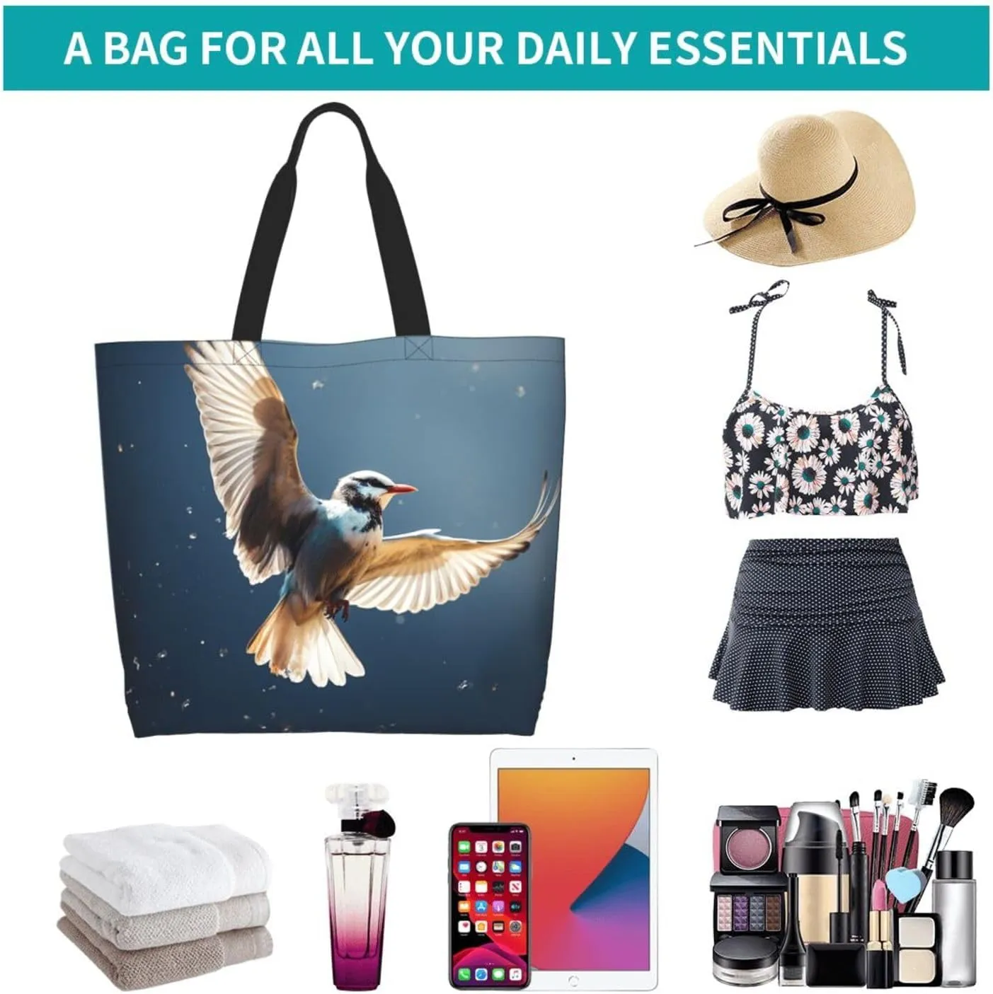 Tote Bag for Women Grocery Bag Reusable Shopping Bag Bird resting on branch Handbag Foldable Shoulder Bag