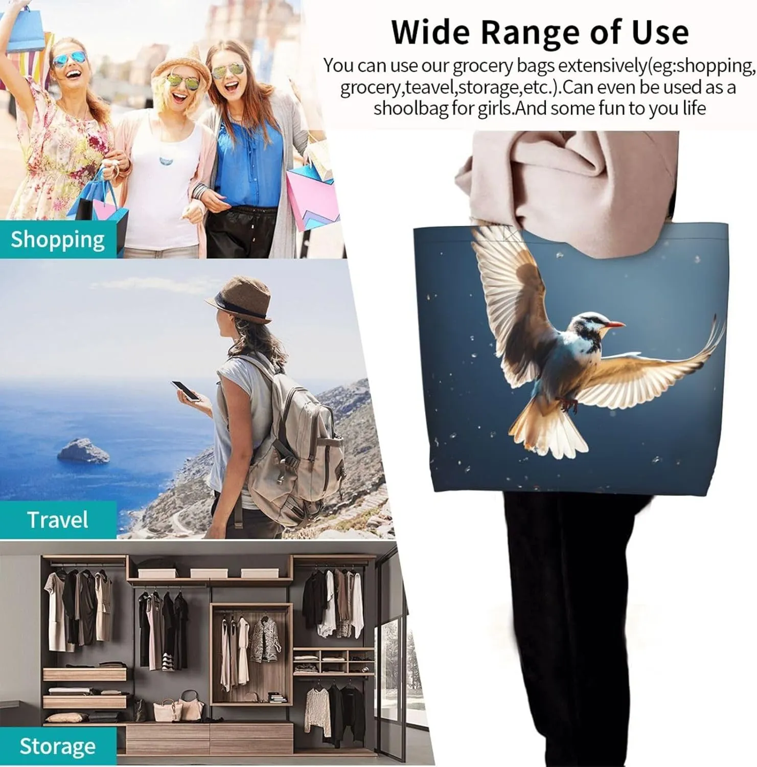 Tote Bag for Women Grocery Bag Reusable Shopping Bag Bird resting on branch Handbag Foldable Shoulder Bag