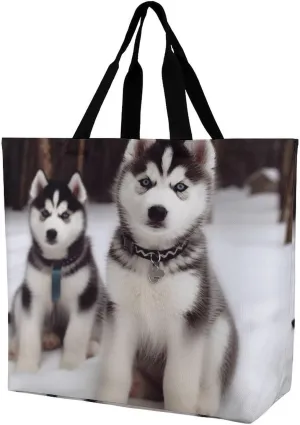 Tote Bag,Painted Foldable Shopping Tote Bag,washable Coating Groceries Storage Adorable Huskies Bags for Shopping Or Travel