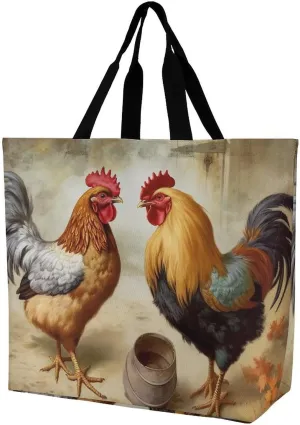 Tote Bag,Painted Foldable Shopping Tote Bag,washable Coating Groceries Storage Chicken And Rooster Print Bags for Shopping Or Travel