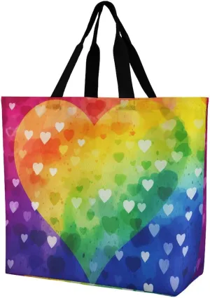Tote Bag,Painted Foldable Shopping Tote Bag,washable Coating Groceries Storage Colorful Rainbow Love Heart Bags for Shopping Or Travel