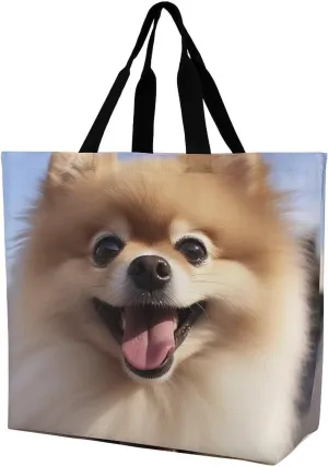 Tote Bag,Painted Foldable Shopping Tote Bag,washable Coating Groceries Storage Happy Pomeranian Bags for Shopping Or Travel