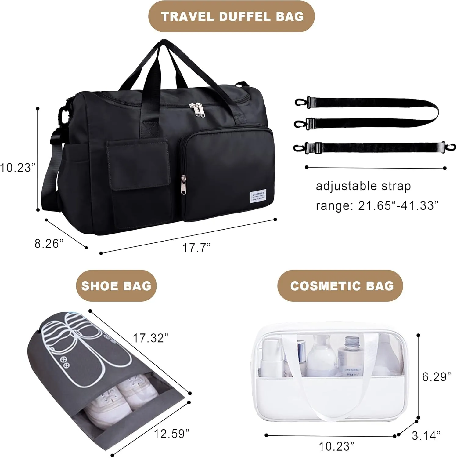Travel Duffel Bag, Large Weekender Overnight Bag with Shoes Compartment, Personal Tote Bag for Women or Men, Waterproof Carry-on Bag with Clear Cosmetic Bag, Shoe Bag, 3Pcs Set (Black)