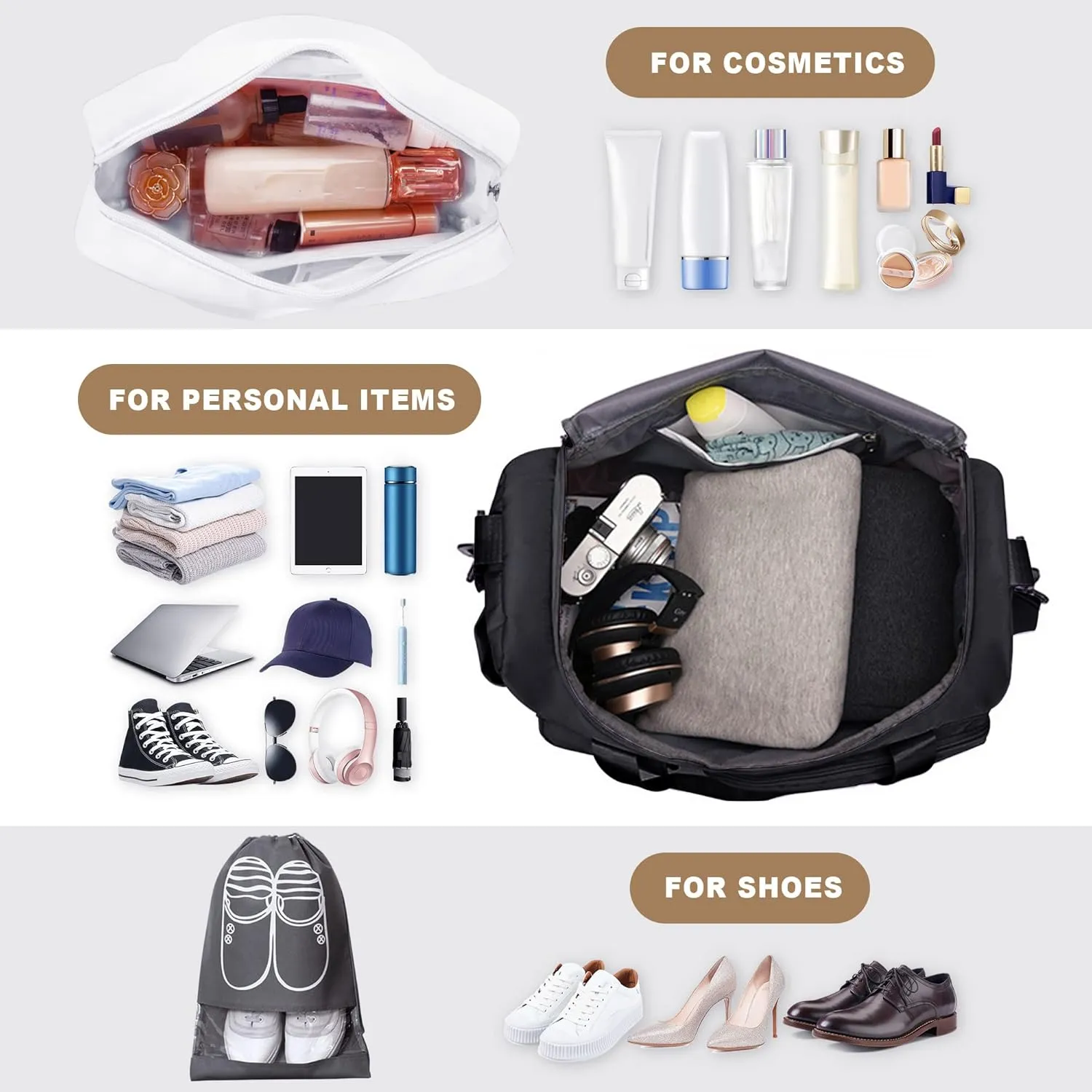 Travel Duffel Bag, Large Weekender Overnight Bag with Shoes Compartment, Personal Tote Bag for Women or Men, Waterproof Carry-on Bag with Clear Cosmetic Bag, Shoe Bag, 3Pcs Set (Black)
