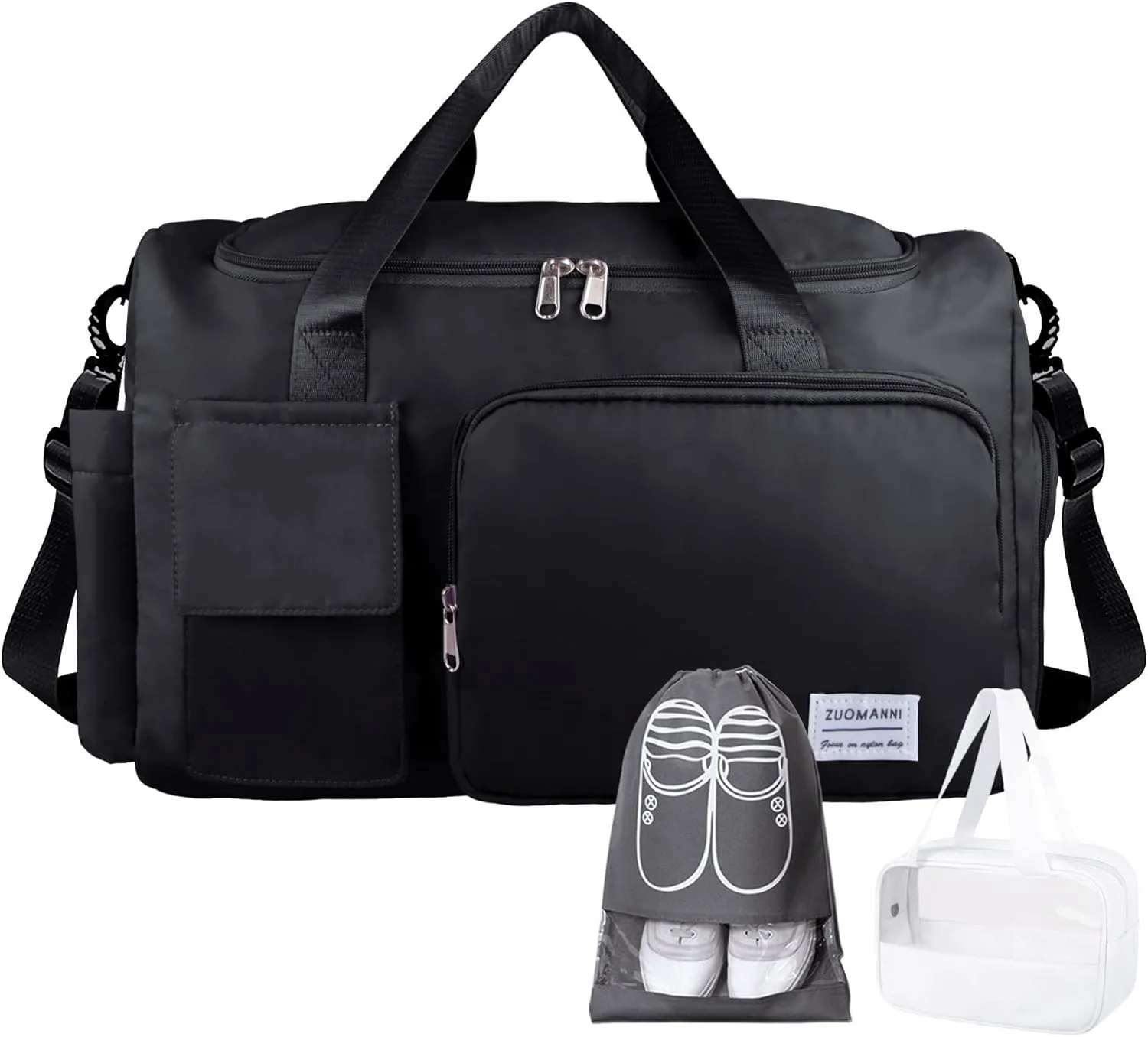 Travel Duffel Bag, Large Weekender Overnight Bag with Shoes Compartment, Personal Tote Bag for Women or Men, Waterproof Carry-on Bag with Clear Cosmetic Bag, Shoe Bag, 3Pcs Set (Black)