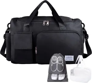 Travel Duffel Bag, Large Weekender Overnight Bag with Shoes Compartment, Personal Tote Bag for Women or Men, Waterproof Carry-on Bag with Clear Cosmetic Bag, Shoe Bag, 3Pcs Set (Black)