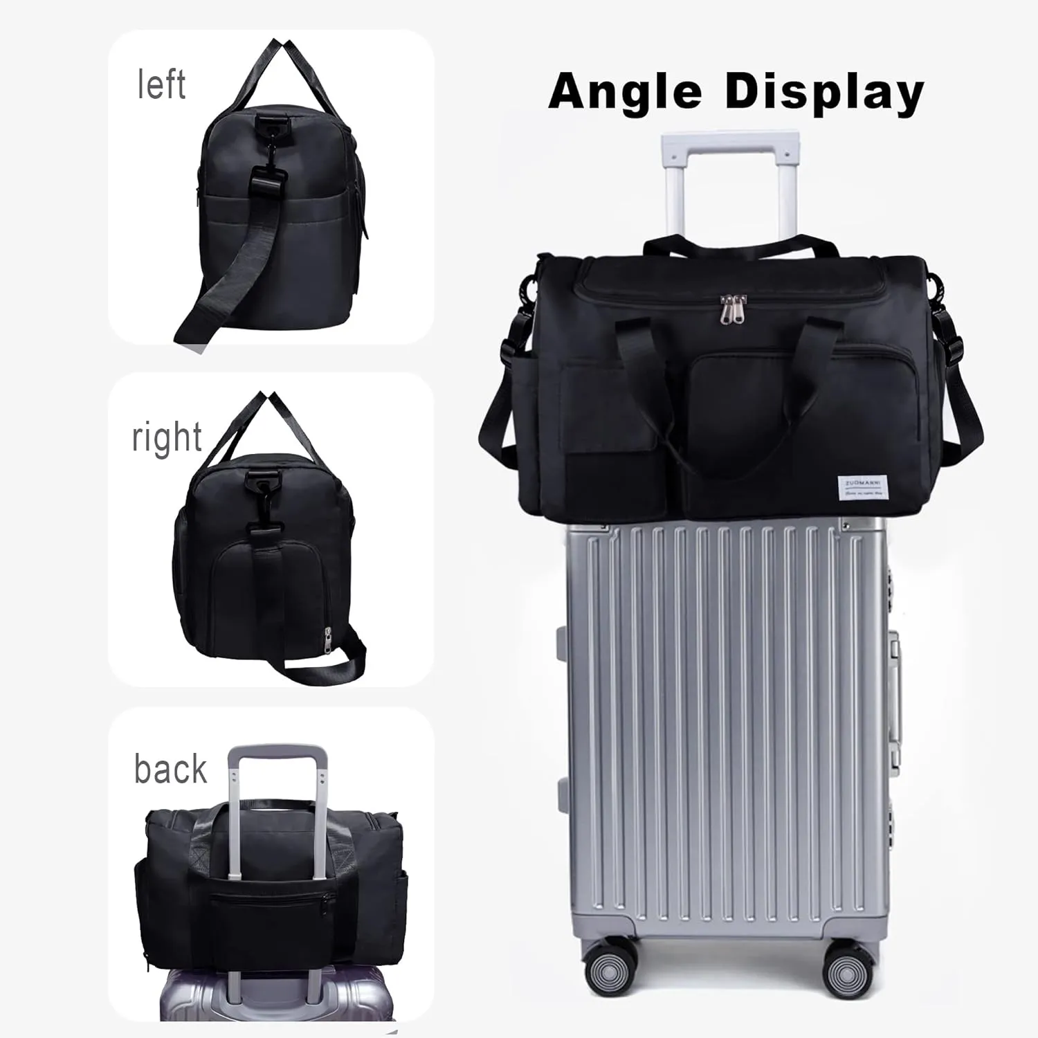 Travel Duffel Bag, Large Weekender Overnight Bag with Shoes Compartment, Personal Tote Bag for Women or Men, Waterproof Carry-on Bag with Clear Cosmetic Bag, Shoe Bag, 3Pcs Set (Black)