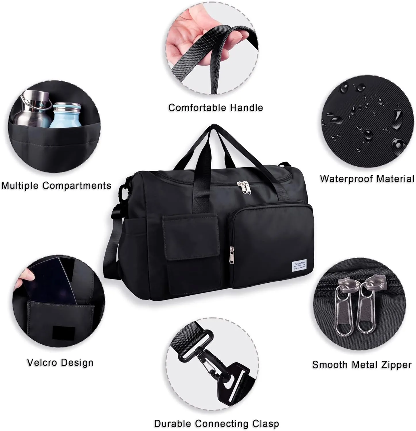 Travel Duffel Bag, Large Weekender Overnight Bag with Shoes Compartment, Personal Tote Bag for Women or Men, Waterproof Carry-on Bag with Clear Cosmetic Bag, Shoe Bag, 3Pcs Set (Black)