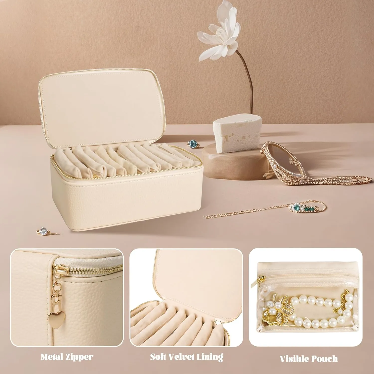 Travel Jewelry Case, Portable Jewelry Box with 12 Jewelry Bags,Travel Gift for Women Teen Girls (Beige 12 Pcs)