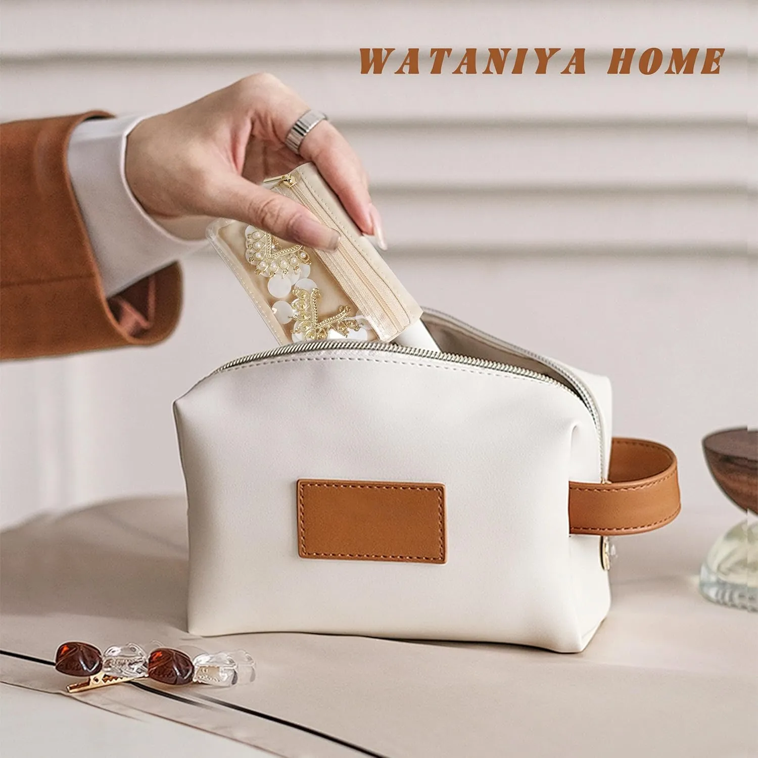 Travel Jewelry Case, Portable Jewelry Box with 12 Jewelry Bags,Travel Gift for Women Teen Girls (Beige 12 Pcs)