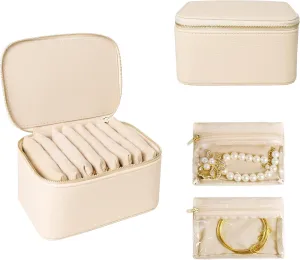 Travel Jewelry Case, Portable Jewelry Box with 8 Jewelry Bags,Travel Gift for Women Teen Girls (Beige 8 Pcs)
