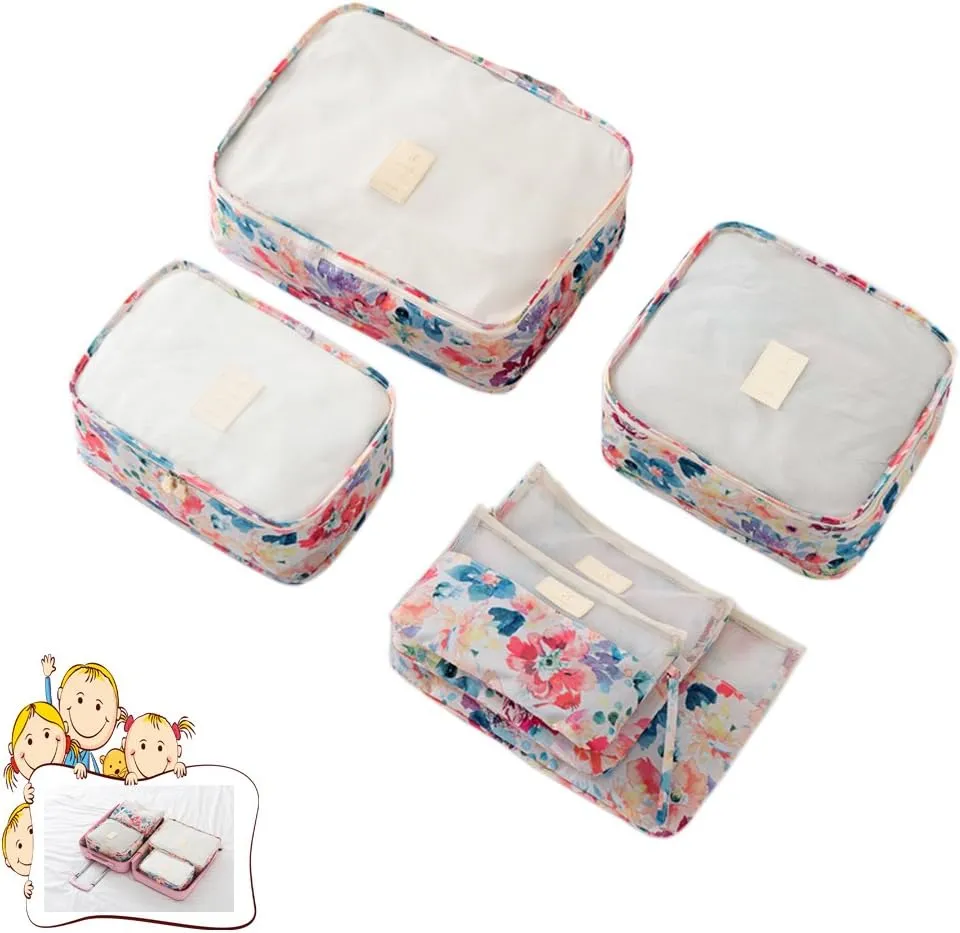 Travel Space Save Luggage Storage Packing Organizers Bags 6pcs (6pack, pink flower)
