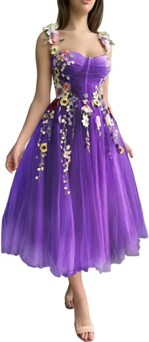 Tulle 3D Flowers Prom Dresses Long for Women Spaghetti Straps Sweetheart Neck Formal Evening Gowns with Pockets.