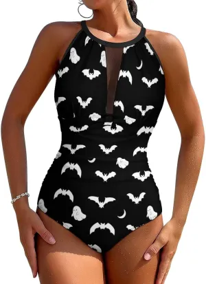 Tummy Control Swimsuits for Women Slimming One Piece Bathing Suit Retro Halter Push Up Swimwear