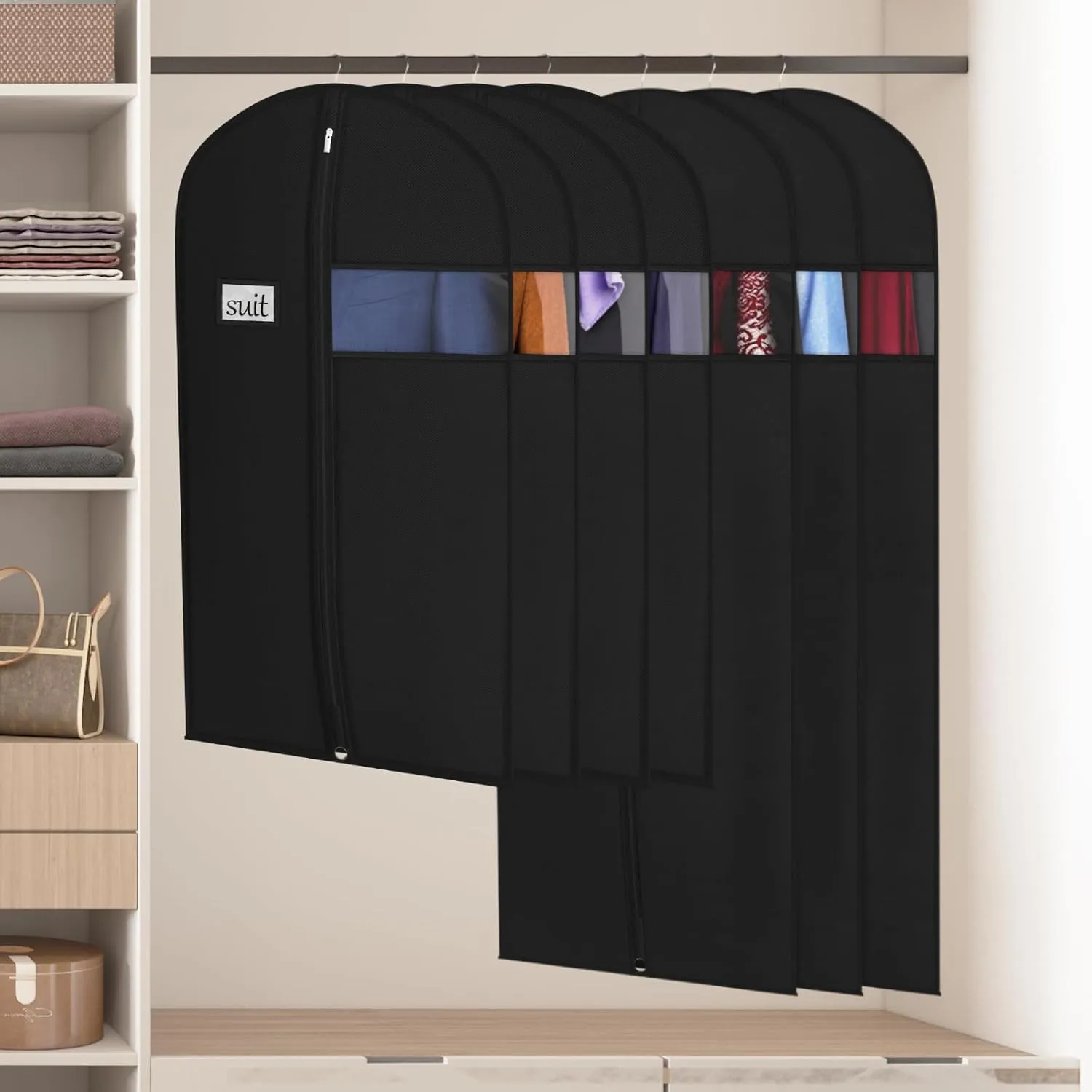 Univivi Garment Bags Suit Covers for Storage, 40-inch Hanging Clothing Bags with Clear Window and ID Card Holder for Suits, Jackets, Skirts (5 Pack)