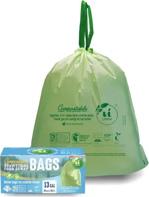 UNNI Compostable Drawstring Bags, 13 Gallon, 49.2 Liter, 30 Count, Heavy Duty 1 Mil, Tall Kitchen Food Scrap Waste Bags, ASTM D6400, US BPI, CMA & Europe OK compost Certified, San Francisco