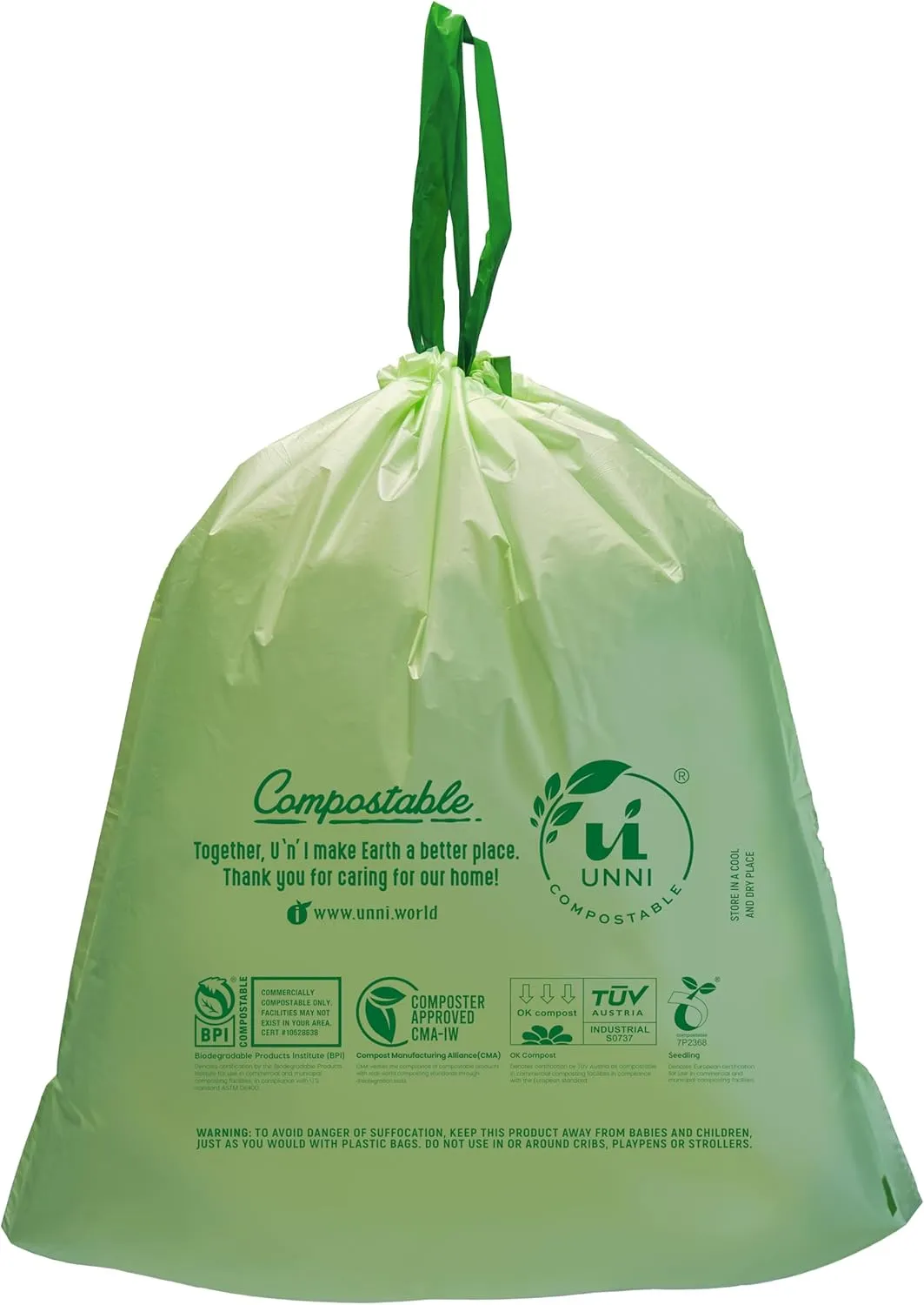 UNNI Compostable Drawstring Bags, 13 Gallon, 49.2 Liter, 30 Count, Heavy Duty 1 Mil, Tall Kitchen Food Scrap Waste Bags, ASTM D6400, US BPI, CMA & Europe OK compost Certified, San Francisco
