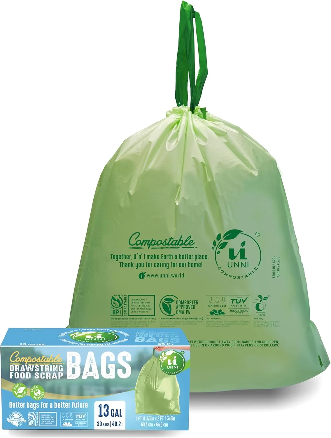 UNNI Compostable Drawstring Bags, 13 Gallon, 49.2 Liter, 30 Count, Heavy Duty 1 Mil, Tall Kitchen Food Scrap Waste Bags, ASTM D6400, US BPI, CMA & Europe OK compost Certified, San Francisco