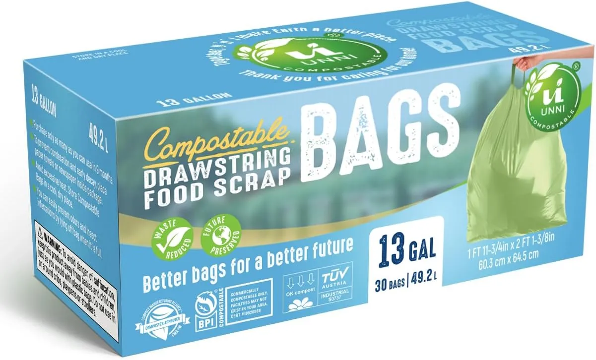 UNNI Compostable Drawstring Bags, 13 Gallon, 49.2 Liter, 30 Count, Heavy Duty 1 Mil, Tall Kitchen Food Scrap Waste Bags, ASTM D6400, US BPI, CMA & Europe OK compost Certified, San Francisco