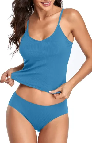 Upopby Women's Athletic Tankini Swimsuits for Women Ribbed Two Piece Bathing Suits Sports Crop Top Swimsuits with Shorts