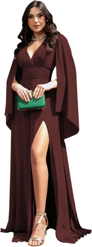 V-Neck Bridesmaid Dresses with Cape Long Chiffon Prom Dresses 2024 Ruched Wedding Guest for Women