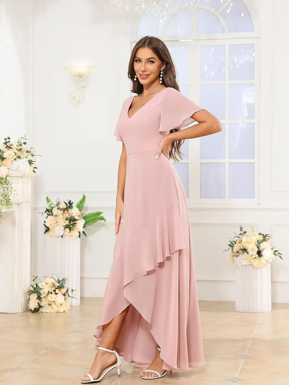 V Neck Chiffon Bridesmaid Dresses with Sleeves for Women Ruffle High Low Formal Wedding Guest Dress