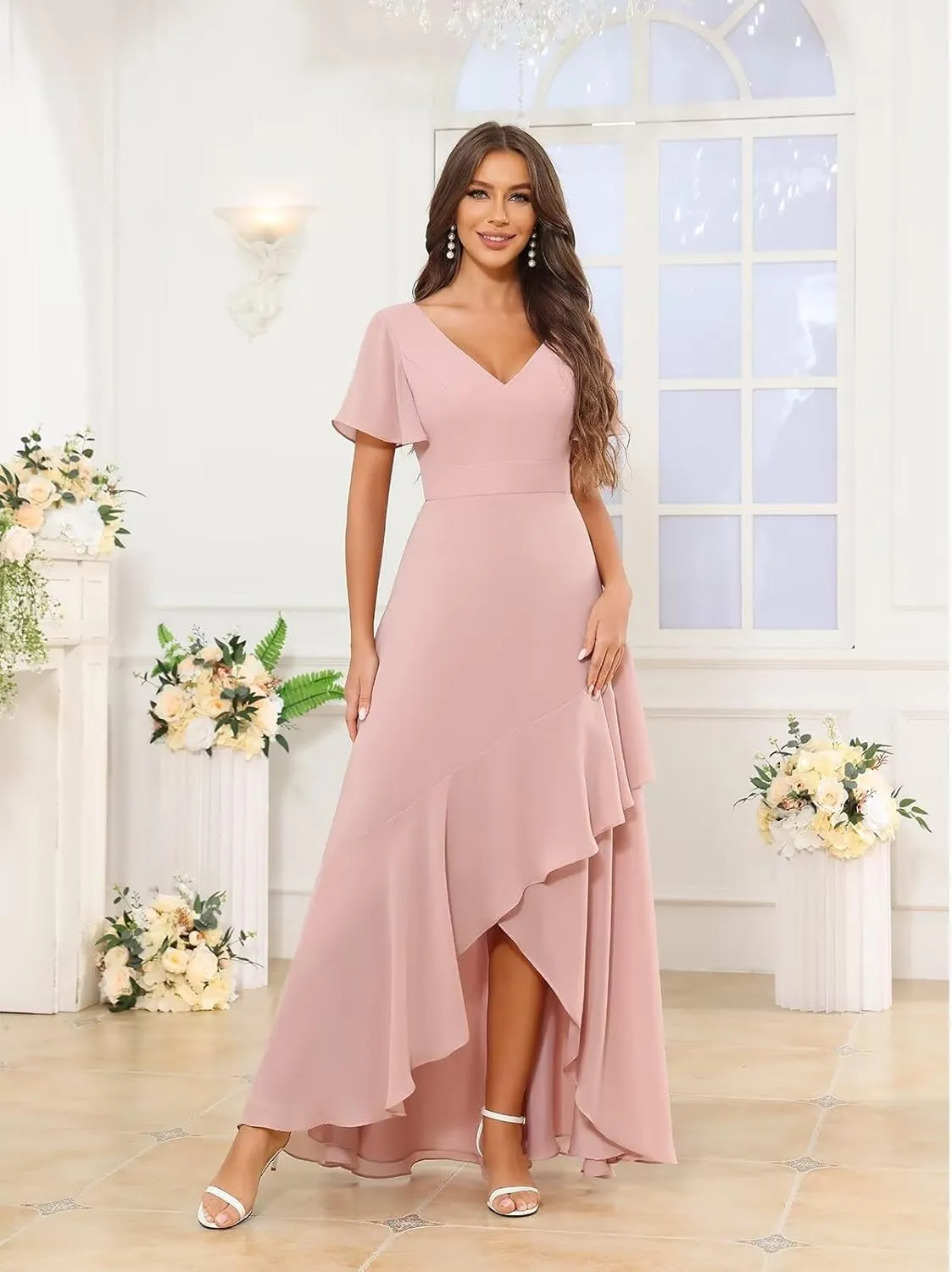 V Neck Chiffon Bridesmaid Dresses with Sleeves for Women Ruffle High Low Formal Wedding Guest Dress