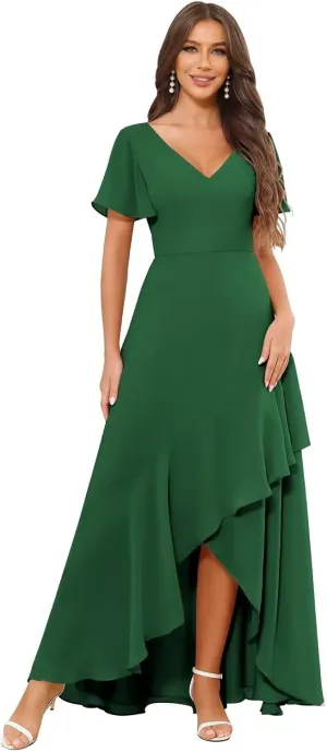 V Neck Chiffon Bridesmaid Dresses with Sleeves for Women Ruffle High Low Formal Wedding Guest Dress