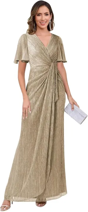 V Neck Formal Mother of The Bride Dresses with Sleeves Long Shiny Sheath Formal Evening Gowns
