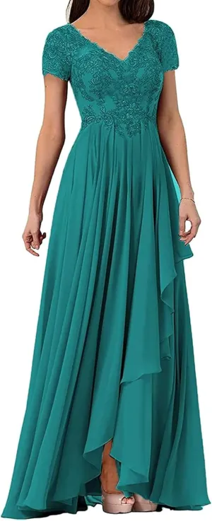 V Neck Mother of The Bride Dresses Appliques Chiffon Formal Evening Gowns Lace-up Short Sleeves