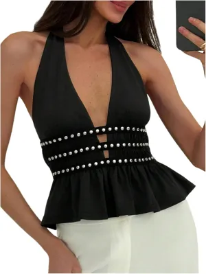 Verdusa Women's Studded Backless Halter Top Ruffle Deep V Neck Sleeveless Going Out Tops