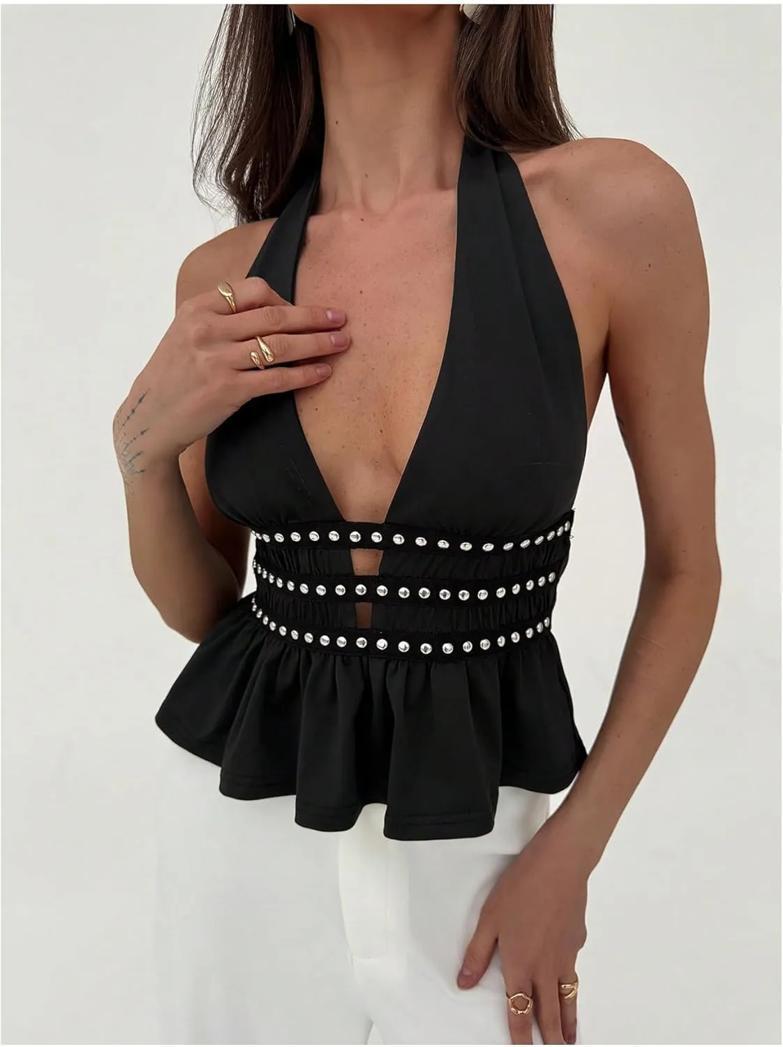 Verdusa Women's Studded Backless Halter Top Ruffle Deep V Neck Sleeveless Going Out Tops