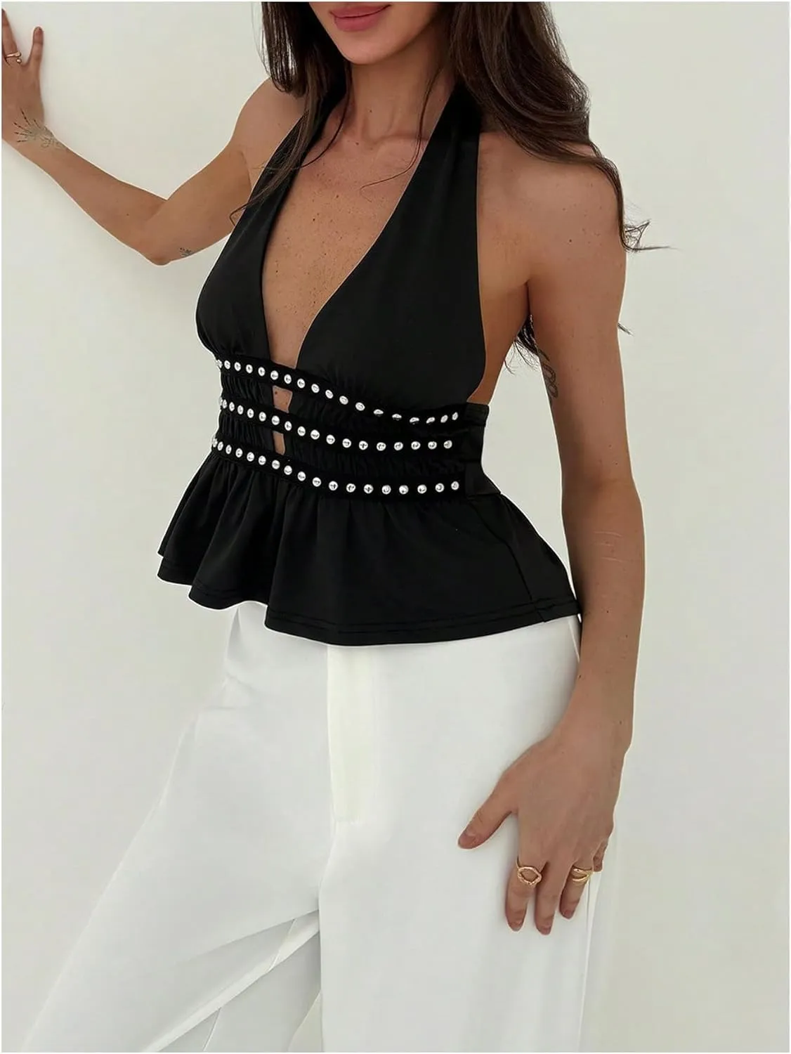 Verdusa Women's Studded Backless Halter Top Ruffle Deep V Neck Sleeveless Going Out Tops
