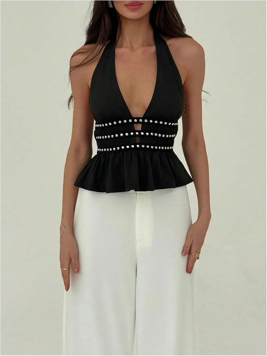 Verdusa Women's Studded Backless Halter Top Ruffle Deep V Neck Sleeveless Going Out Tops