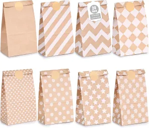 VGOODALL 24 Pack Assorted Pattern Kraft Paper Bags with Stickers, Reusable Party Favor Bags for Weddings, Birthdays, Retail, Lunch Treats