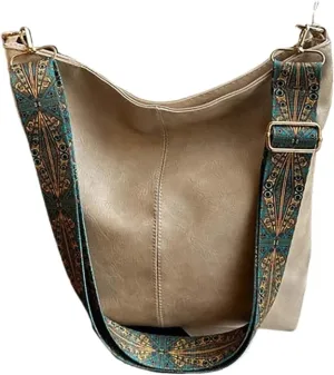 Vintage Solid Color Women Fashion Shoulder Sling Bag High-Capacity Simple Wide Strap Bucket Crossbody Bag