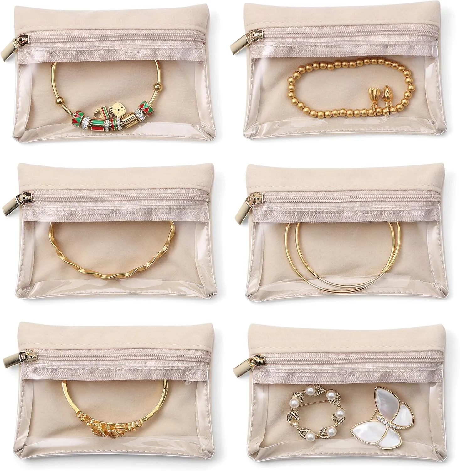 Vlando Travel Jewelry Bags,Jewelry Pouch Bag, Clear velvet zipper pockets Storage Bag Organizer Case for Women Girl Gift 6 Pcs